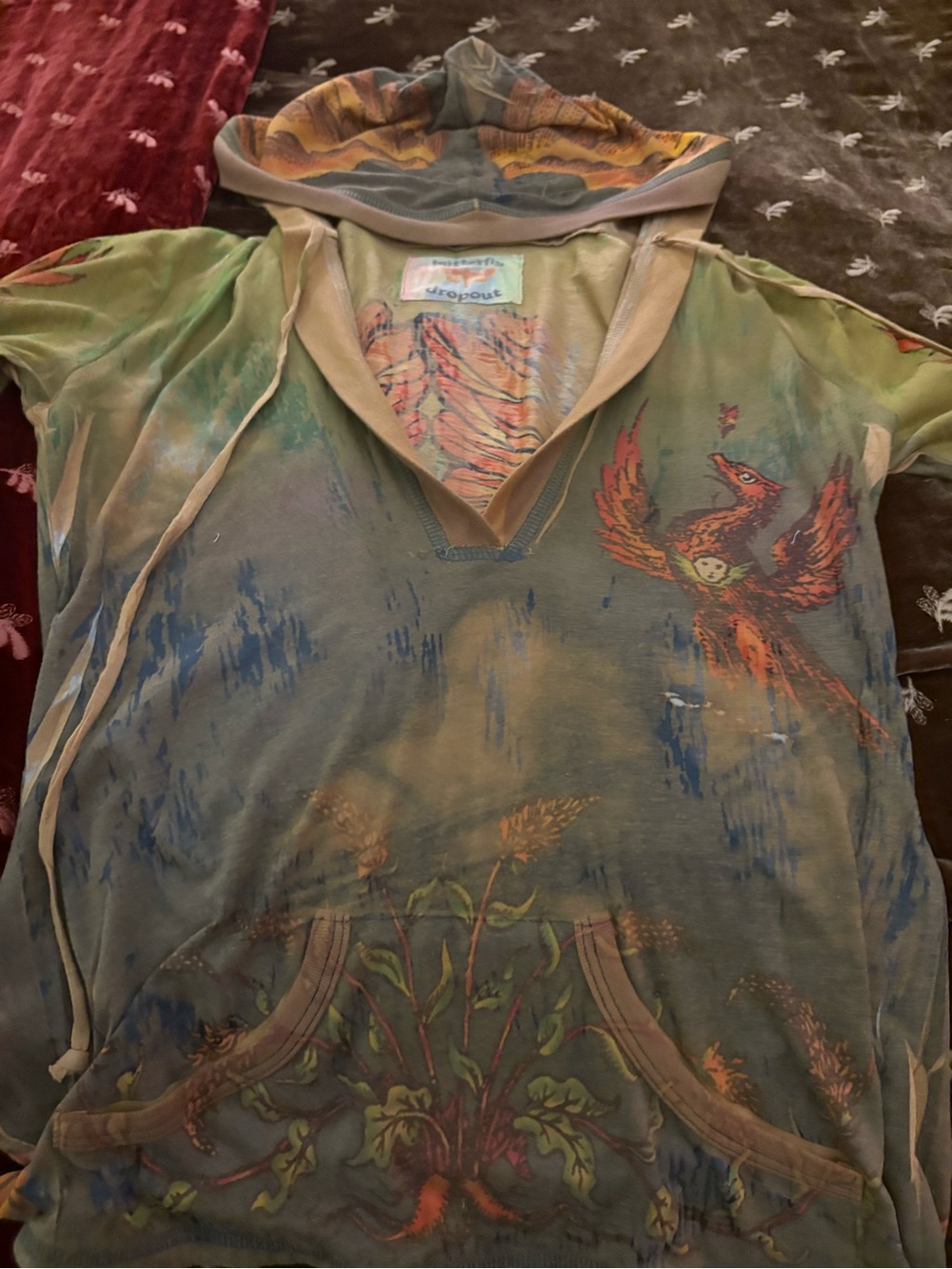 Butterfly Dropout Y2K hooded blouse tee. Size 4 small